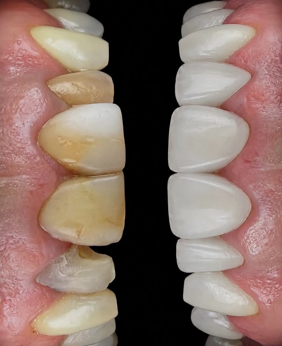 Caso de facetas: à esquerda, os dentes antes, amarelados e desgastados; à direita, depois, com facetas claras e uniformes